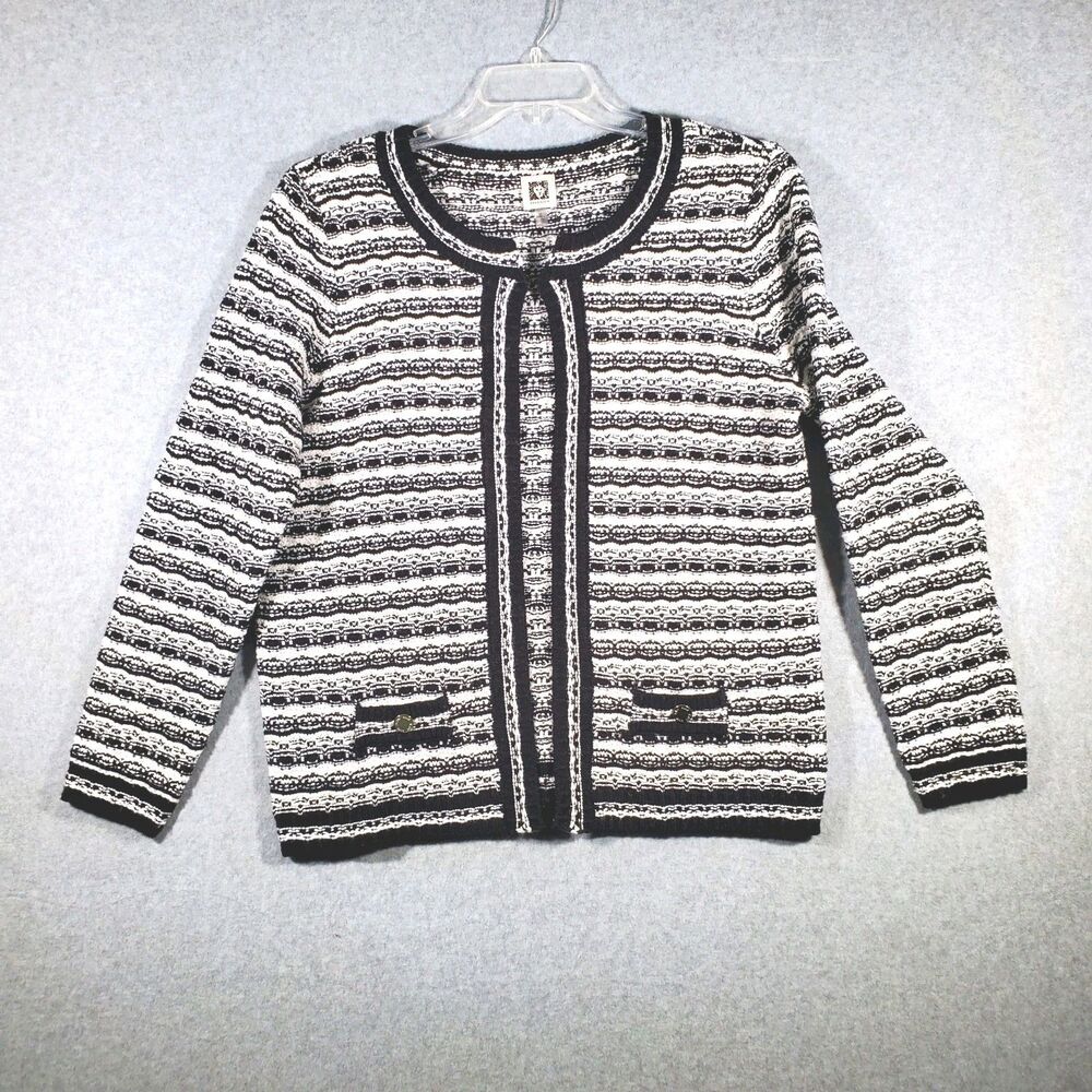 Anne Klein Black White Striped Knit Cardigan Jacket Preppy Chevron Sz M